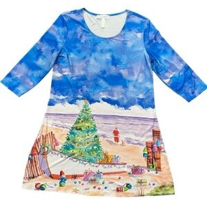 Ellen Negley Blue Christmas Tree On Beach Print 3/4 Sleeve Tunic Blouse Size PL